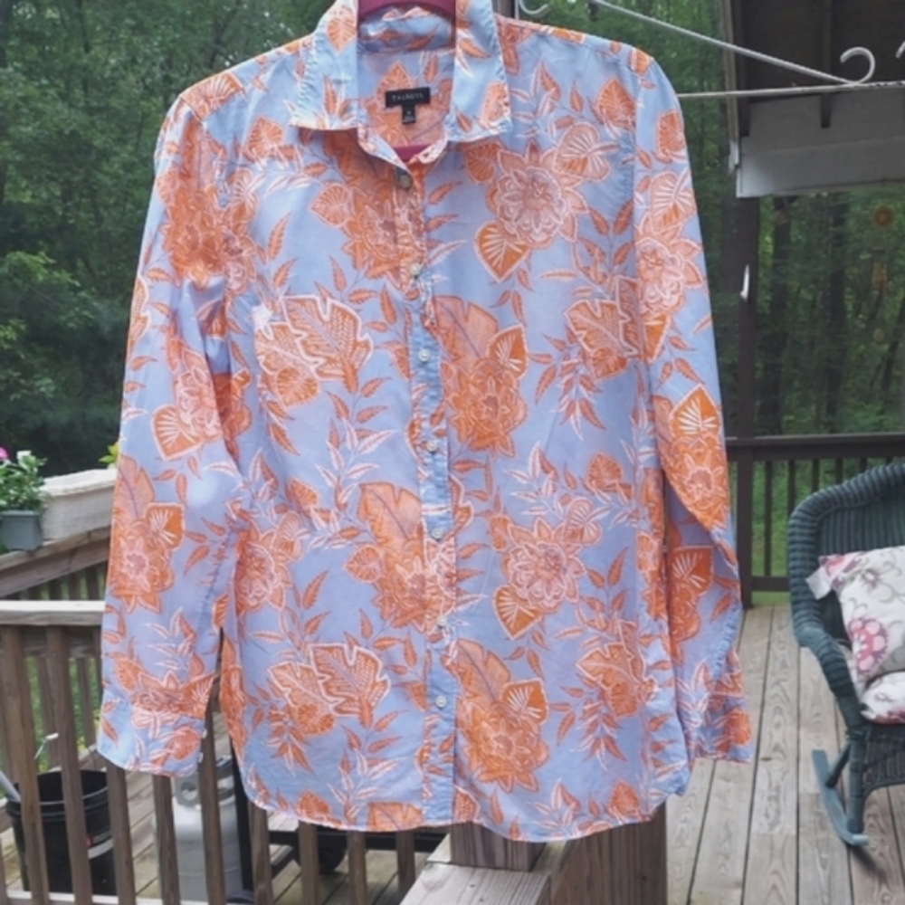 Talbots Orange Blue Floral Button-Up Blouse Sz M